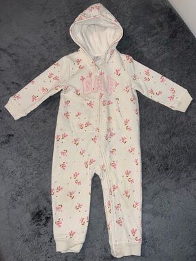 GAP White Hooded Baby One-Piece with Pink Floral Print